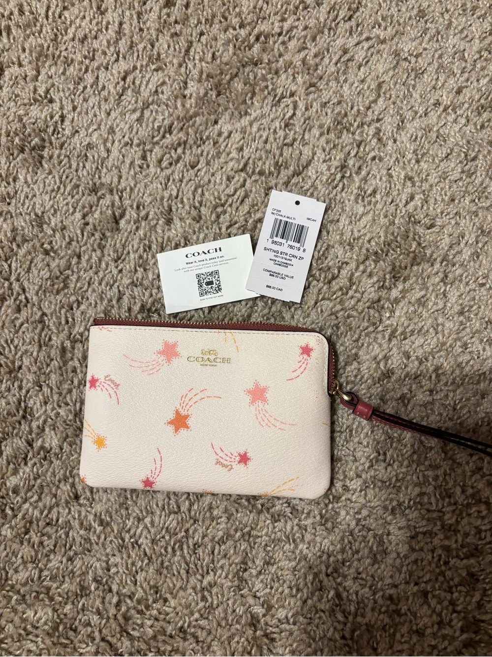 Coach Shooting Star Wristlet Card Case - Cream with Pink & Orange Stars